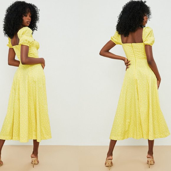 HOUSE OF CB 'Tallulah' Yellow Floral Puff Sleeve Midi Dress NWOT - Picture 5 of 11
